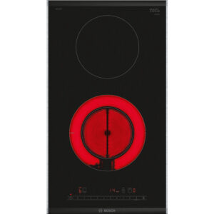 Bosch black glass ceramic induction cooktop with two circular burners bottom burner glowing red top burner off Globalmtc