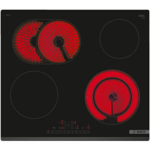 Black bosch electric cooktop with four circular burners two burners glowing red top left and bottom right Globalmtc
