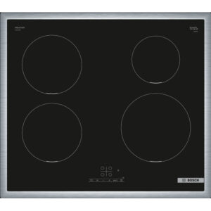 Bosch induction cooktop with four circular heating zones on a black glass surface framed by stainless steel  globalmtc