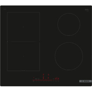 Blackbosch induction cooktop two square induction zones on the left and two circular zones on the right with a red digital control panel along the bottom center and the bosch logo bottom right Globalmtc