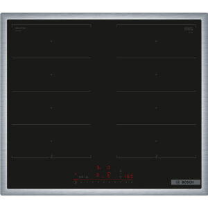 Ugradbenaplocaboschpxx645hc1ejpg globalmtc Bosch induction cooktop with stainless steel frame and four cooking zones on a black glass surface Globalmtc