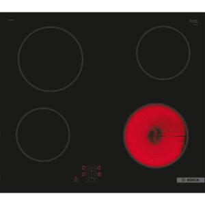 Bosch fourzone induction cooktop on black glass bottom right burner glowing red with digital controls below Globalmtc