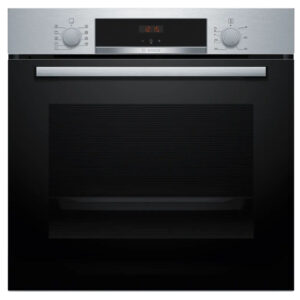 Built-in black oven with stainless steel control panel and digital clock.