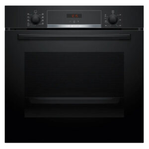 Black built-in oven with control knobs on either side and digital clock showing 12:15 on the top panel