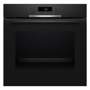 Black Bosch built-in oven with a digital control panel and long horizontal handle on the front.