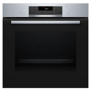 Built-in electric oven with a stainless steel control panel and a black door, viewed from the front.