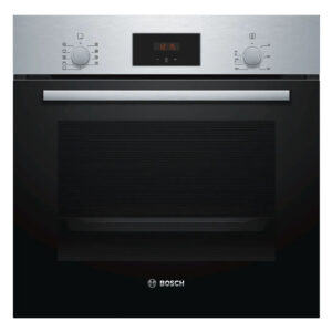 Bosch built-in oven with stainless steel top panel, digital clock display, control dials, and a black glass door with a silver handle.