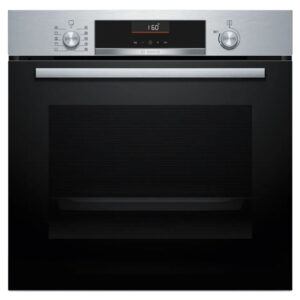 Bosch built-in oven with stainless top control panel and large black glass door, displaying 160°C on the digital readout.