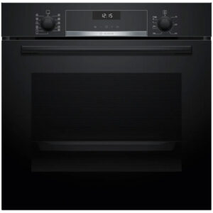 Black front-of-house electric oven with a digital clock, control knobs on both sides, and a wide handle