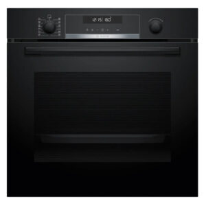 Black built-in oven front with digital display and two control knobs on a sleek panel (Bosch).