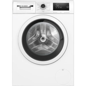 White front loading washing machine with a large circular door and control panel at the top brand label bosch visible on the detergent drawer  globalmtc