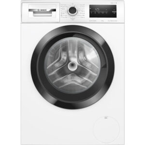 White bosch front loading washing machine with a large circular door and top control panel Globalmtc