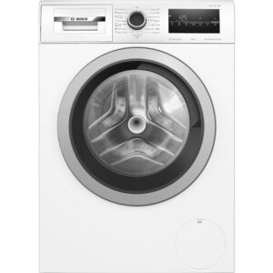 White front loading washing machine with a large circular door and a control panel on top brand name bosch visible on the dispenser  globalmtc