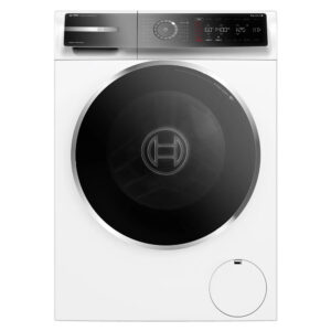 White front loading washing machine with a large circular black door and a digital control panel on top right edge of the appliance  globalmtc