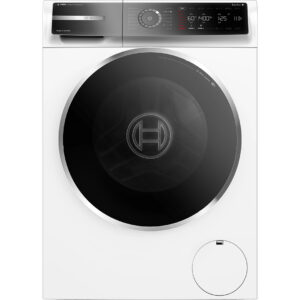 Front loading washing machine with a large black circular door and a slim silver control panel at the top Globalmtc