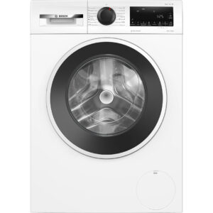 White bosch front loading washing machine with a large circular door black inner ring and a top control panel featuring a central dial Globalmtc