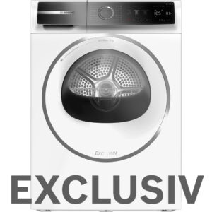 Front-loading Bosch washing machine with circular door and digital top panel; EXCLUSIV watermark across image.