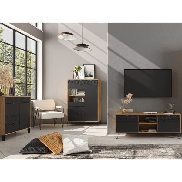 Bellano8006001800x800 globalmtc Modern living room with black and wood storage units a wall mounted tv a low media console a beige chair and decorative pillows on a rug globalmtc