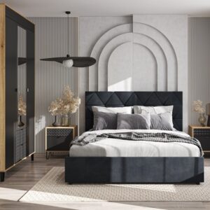 Modern bedroom with a dark upholstered bed geometric headboard and matching nightstands on either side of the bed Globalmtc