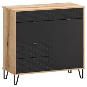 Wooden storage cabinet with black textured drawer fronts: two small top drawers, two lower drawers, and a right-side cabinet door on metal legs.