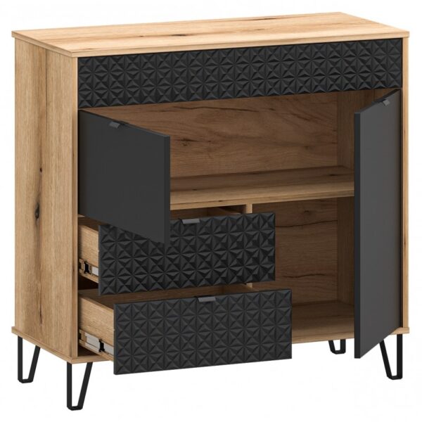 Bellanokomod2d2s02800x800 globalmtc Wooden storage cabinet with black geometric textured fronts two drawers and two doors open revealing interior shelves Globalmtc