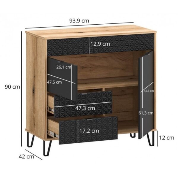 Bellanokomod2d2sr800x800 globalmtc Wooden sideboard with black geometric fronts open drawers showing storage compartments and closed doors on angled metal legs 90 cm high ~93 9 cm wide Globalmtc