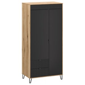 Tall wooden storage cabinet with two large black doors and two patterned bottom drawers metal legs and a natural oak finish  globalmtc