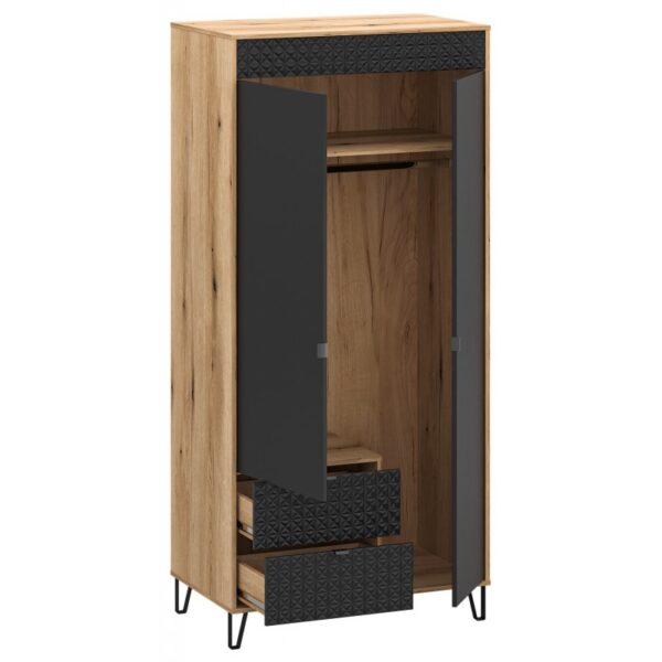 Tall wooden wardrobe with two dark textured drawers at the bottom and open doors revealing a hanging rail and shelf inside Globalmtc