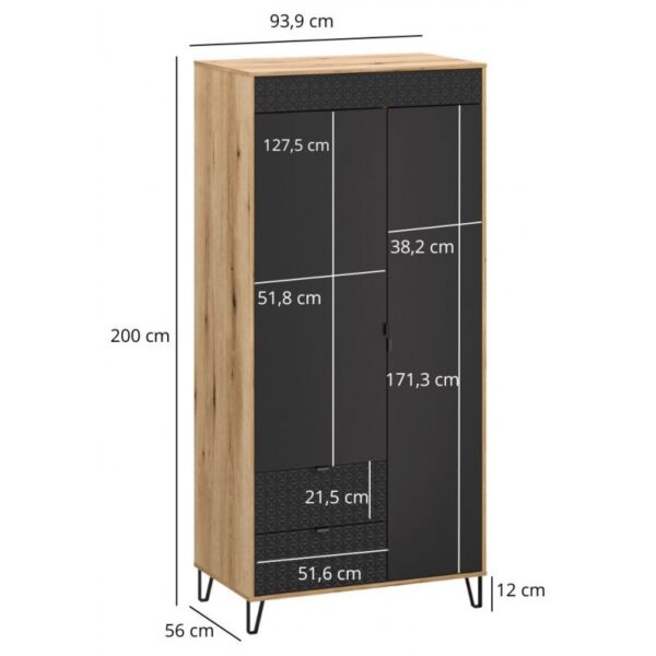 Tall wooden cabinet with black front panels and metal legs 200 cm high 93 9 cm wide 56 cm deep featuring two large doors and two drawers at the bottom Globalmtc