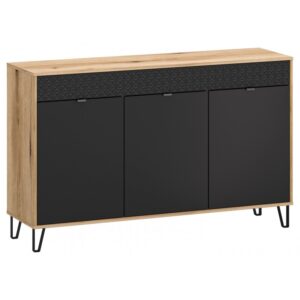 Bellano0bellanokomod3d01800x8001 globalmtc Wooden sideboard with three matte black doors a textured top panel and black metal legs for storage and display surface Globalmtc