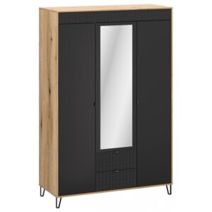 Modern freestanding wardrobe with black doors natural wood frame a full height mirror in the center and patterned drawers at the bottom on metal legs Globalmtc