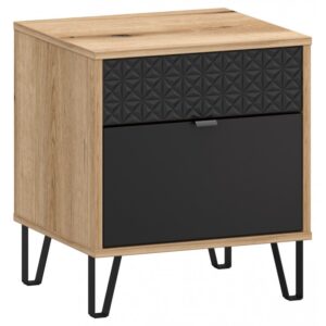 Wooden nightstand with two black drawers a textured pattern on the top drawer and a solid dark bottom drawer standing on metal legs Globalmtc