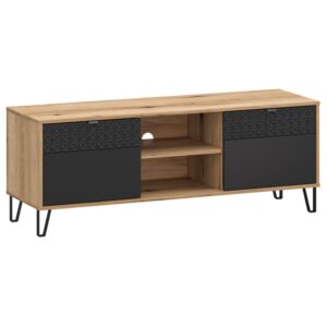 Wooden media console with two textured black drawer doors and open shelving in the center on metal legs Globalmtc