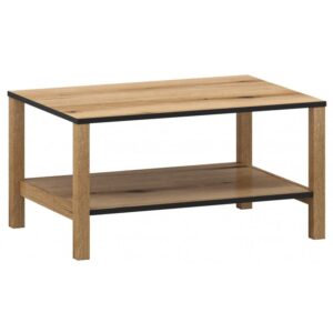 Rectangular wooden coffee table with two-tier shelves and black trim on the edges