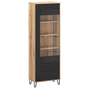 Tall wooden display cabinet with glass doors and multiple shelves accented by black geometric panels and metal legs Globalmtc