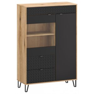 Wooden storage cabinet with black textured drawer fronts on the left an open middle shelf a small top drawer and a tall black door on the right raised on black metal legs Globalmtc
