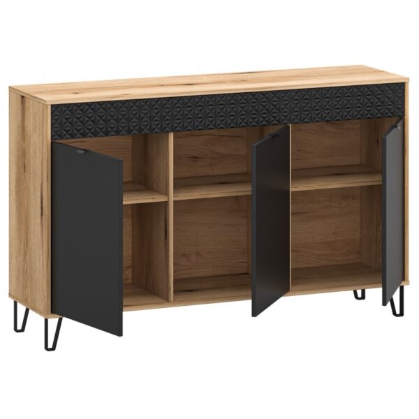 Bellano1bellanokomod3d02800x8001 globalmtc Wooden sideboard with three inner shelves and black open doors textured black front panel on black metal legs Globalmtc