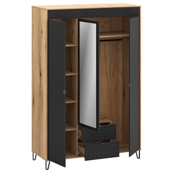 Wood wardrobe with open doors showing shelves a tall mirror and lower pull out drawers on a metal stand  globalmtc