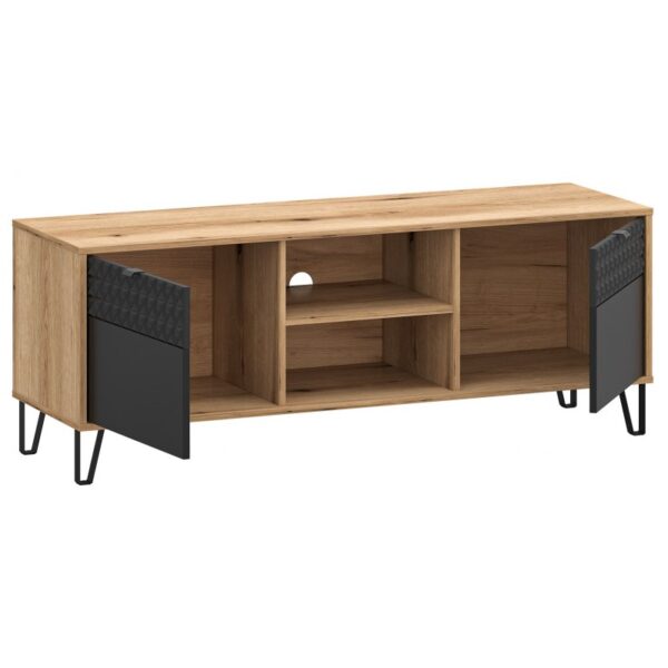 Wooden media console with black doors swung open exposing central cubbies and side shelves on metal legs  globalmtc