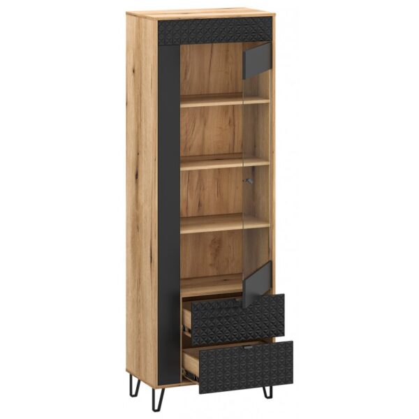 Tall oak display cabinet with a glass door five shelves and two textured black bottom drawers on metal legs Globalmtc