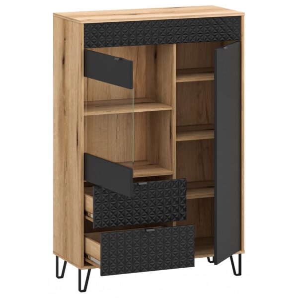 Bellano1bellanovitrinanizka1d1w2s02800x8001 globalmtc Tall wooden storage cabinet with black geometric textured drawer fronts open shelves in the middle and metal legs Globalmtc