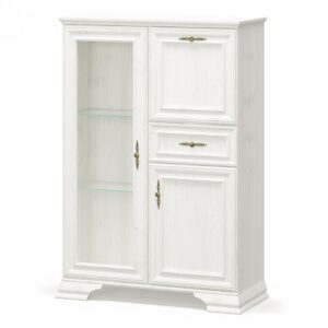 Komodairis globalmtc White display cabinet with a glass door on the left two glass shelves inside and a right side with two paneled doors and a drawer with ornate brass handles Globalmtc