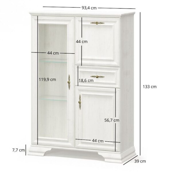 White tall cabinet with a glass paneled left door and three right side drawers decorative hardware and a carved base overall 133 cm high 93 4 cm wide 39 cm deep Globalmtc