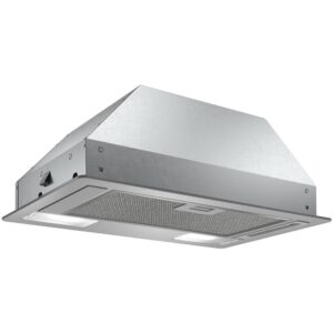 Stainless steel ceiling mounted range hood with two built in lights and a mesh filter beneath Globalmtc