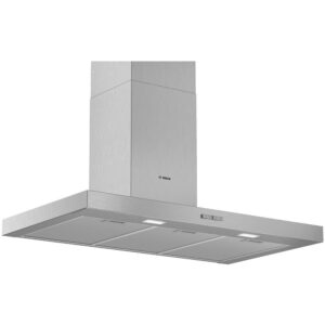 Stainless steel island range hood with a long horizontal canopy and integrated lights brand bosch visible on the chimney  globalmtc