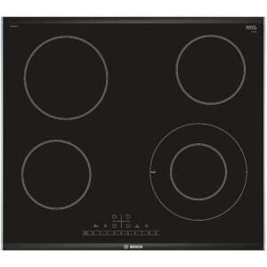Plocaboschpkf675fp2ejpg globalmtc Bosch glass ceramic induction cooktop with four circular heating zones and a central control panel at the bottom edge globalmtc