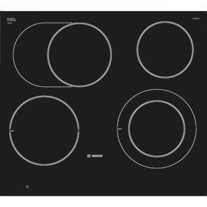 Black bosch induction cooktop showing four circular heating zones on a dark surface Two larger rings on the left two on the right with boost indicators and bosch logo visible Globalmtc