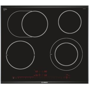 Bosch black glass ceramic induction cooktop with four circular cooking zones and red digital controls Globalmtc
