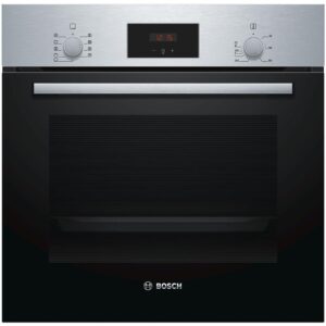 Bosch built in electric oven with a brushed stainless steel control panel digital display and a large black glass door Globalmtc