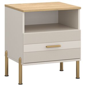 Beige bedside table with an open shelf two ribbed drawers a wood top and gold metal legs Globalmtc